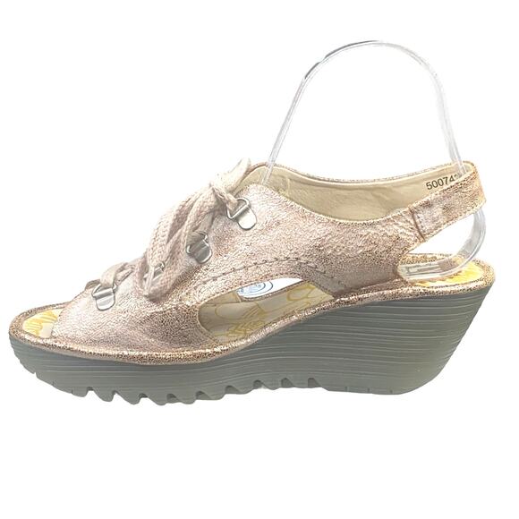 Fly London Women's Yifa Gold Lace Up Wedge Sandal Size 38 US 7.5/8 - Picture 2 of 13